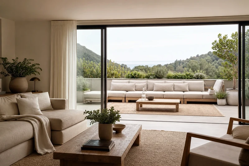 Continuité visuelle entre un salon intérieur et une terrasse aménagée aux mêmes codes décoratifs