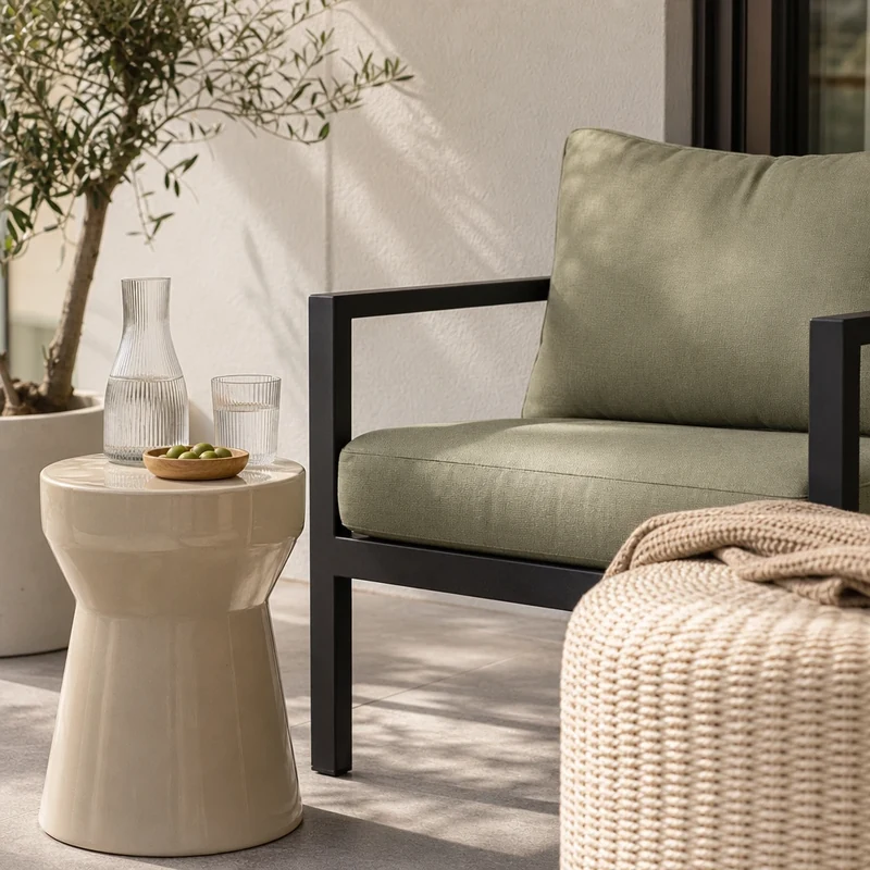 Mobilier outdoor résistant aux UV : fauteuil aluminium, table céramique et pouf en corde