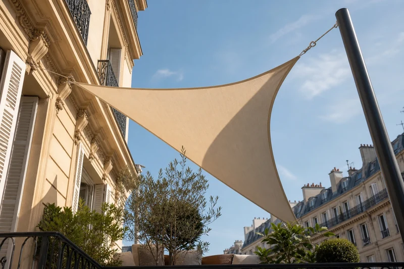 Voile d'ombrage triangulaire écrue tendue au-dessus d'une terrasse parisienne