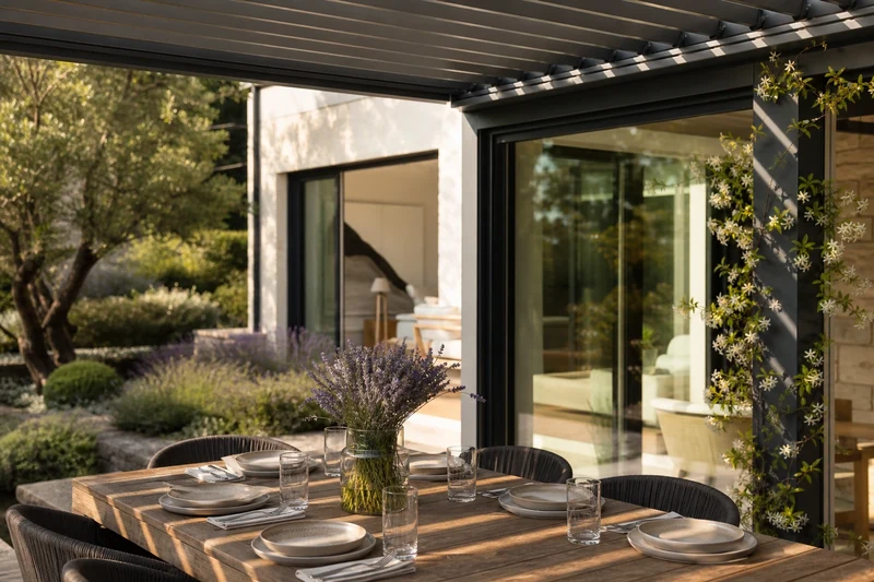 Pergola bioclimatique à lames orientables au-dessus d'une table à manger outdoor en teck