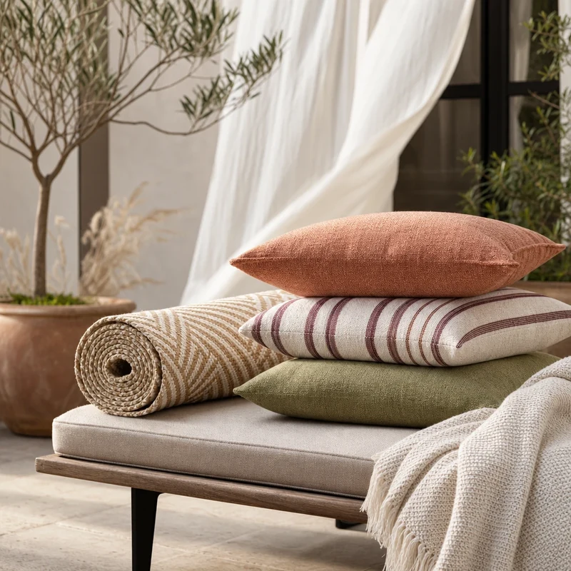Sélection de textiles outdoor : tapis, coussins, plaid et rideaux de terrasse