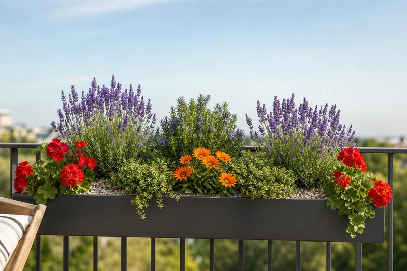 Jardinière de balcon plantée de lavande, romarin, thym, gazania et géraniums