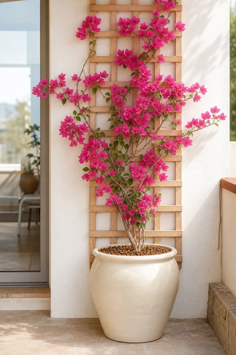 Bougainvillier rose fuchsia palissé sur treillage contre un mur blanc
