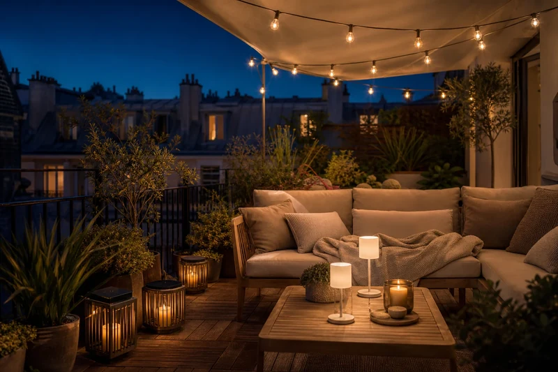 Terrasse aménagée éclairée le soir par guirlandes, lanternes et lampes sans fil