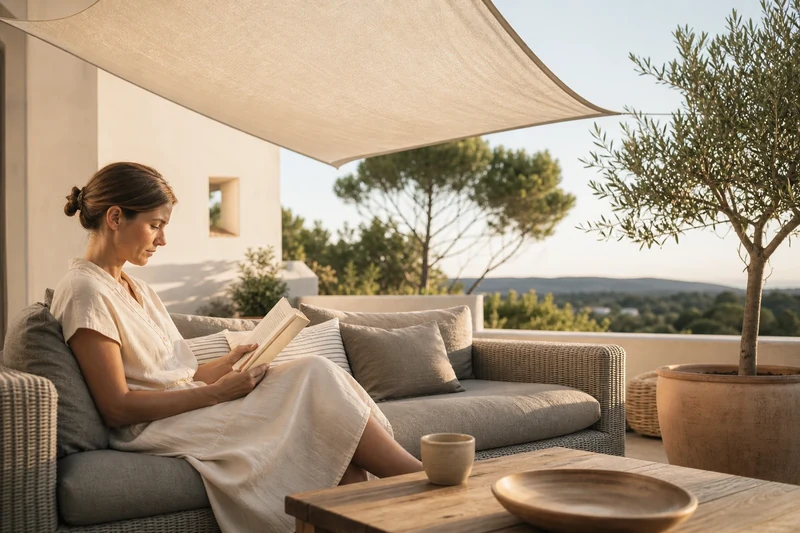 Personne lisant tranquillement sur une terrasse aménagée en pièce à vivre