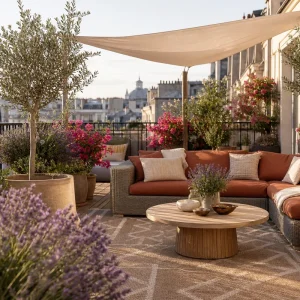Terrasse aménagée comme une pièce à vivre avec canapé outdoor, voile d'ombrage et plantes méditerranéennes