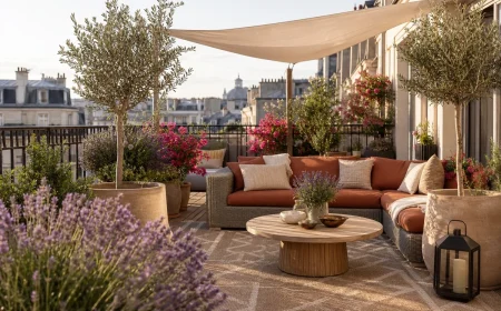 Terrasse aménagée comme une pièce à vivre avec canapé outdoor, voile d'ombrage et plantes méditerranéennes