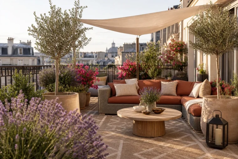 Terrasse aménagée comme une pièce à vivre avec canapé outdoor, voile d'ombrage et plantes méditerranéennes