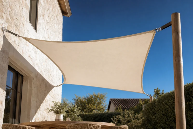 Voile d'ombrage HDPE crème en triangle correctement tendue avec mousquetons inox et sangles