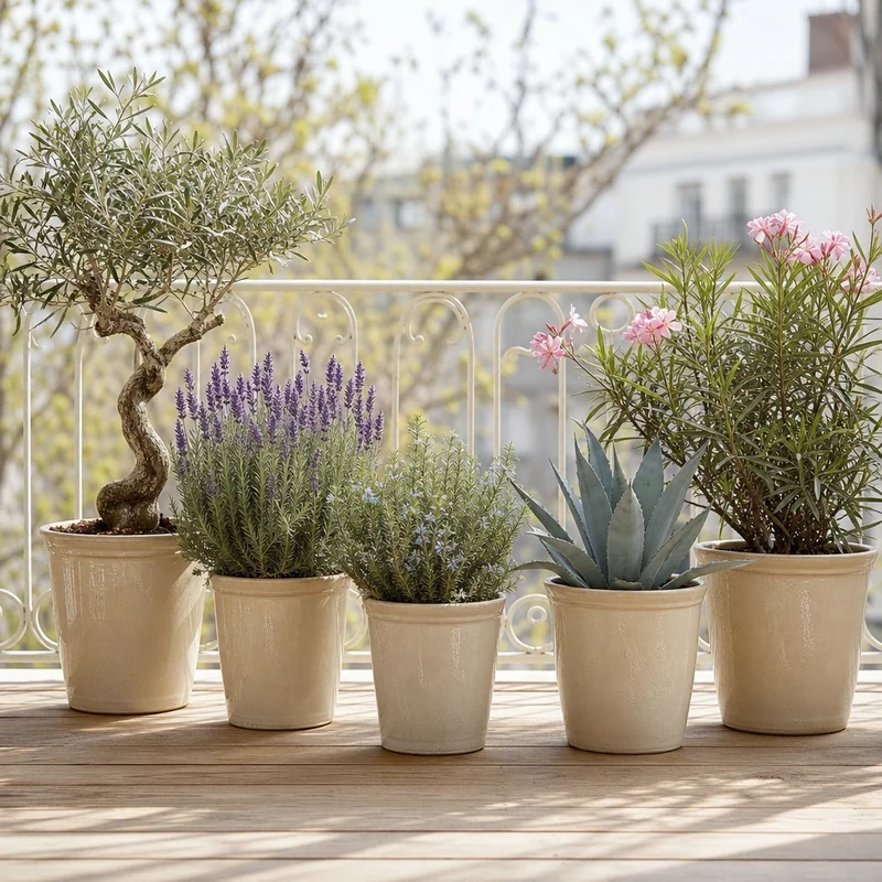 Cinq plantes méditerranéennes en pot terre cuite sur un balcon : olivier, lavande, romarin, agave, laurier-rose