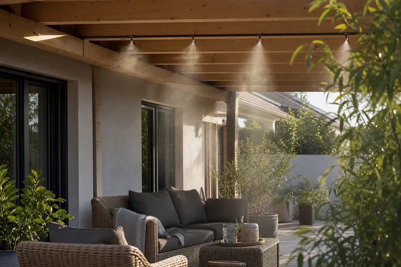 Brumisateur haute pression à quatre buses sous pergola bois diffusant une fine brume