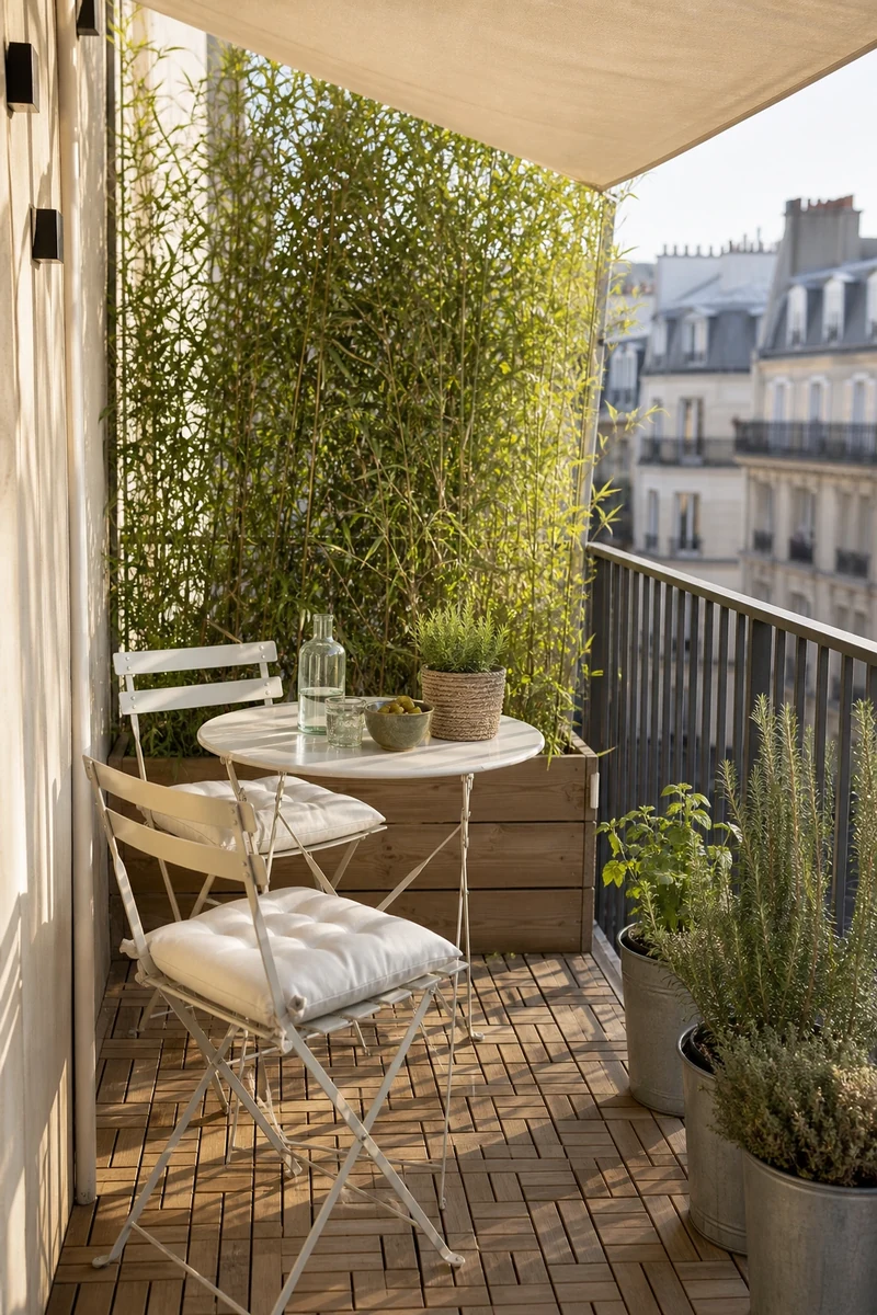 Petit balcon étroit en ville aménagé avec bambou Fargesia, voile d'ombrage diagonal et table bistrot blanche
