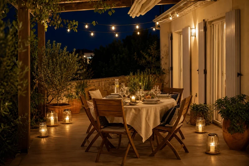 Terrasse en soirée éclairée par guirlande LED solaire et lanternes, table teck dressée pour dîner