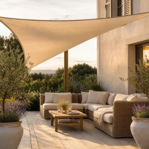 Terrasse française aménagée avec voile d'ombrage crème, mobilier rotin clair, oliviers et lavande en pot