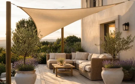 Terrasse française aménagée avec voile d'ombrage crème, mobilier rotin clair, oliviers et lavande en pot
