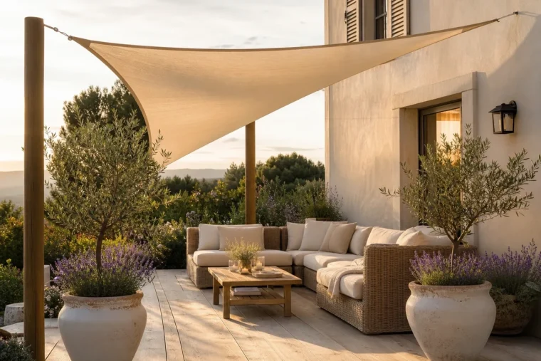 Terrasse française aménagée avec voile d'ombrage crème, mobilier rotin clair, oliviers et lavande en pot
