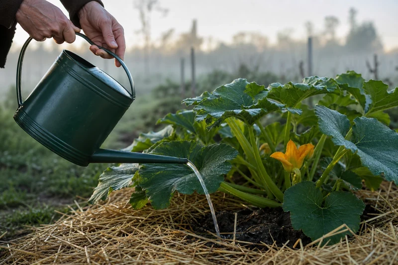 Arrosage matinal au pied d'un plant de courgettes sans mouiller le feuillage