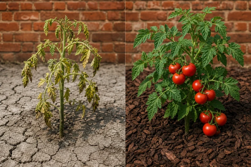 Comparaison entre un pied de tomate sur sol nu et un pied de tomate paillé en pleine chaleur