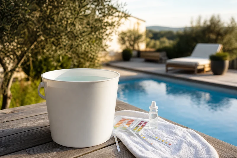 Test du pH et du chlore d'un seau d'eau de piscine avant un éventuel usage au jardin
