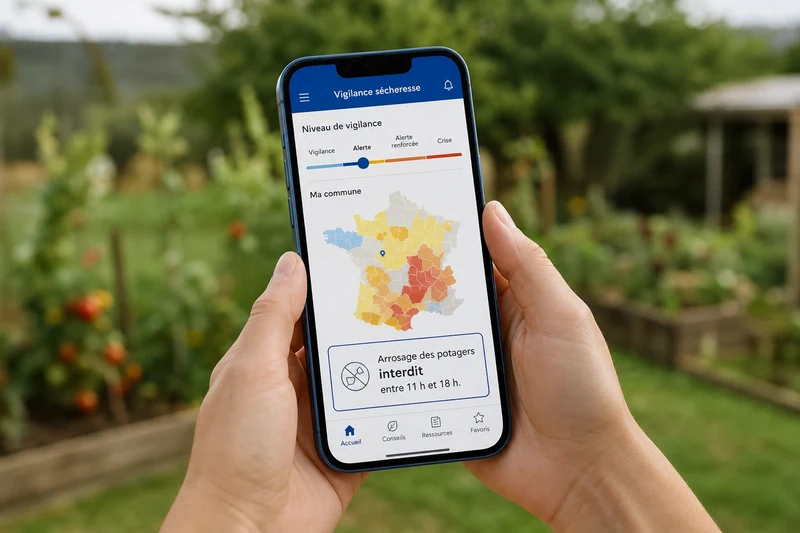 Smartphone affichant une carte des restrictions d'eau en France devant un jardin