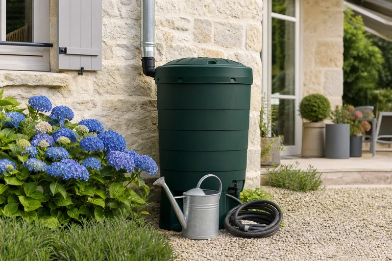 Récupérateur d'eau de pluie raccordé à une gouttière dans un jardin français