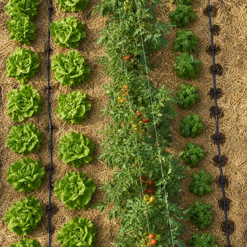 Vue aérienne d'un potager équipé de goutte-à-goutte et entièrement paillé