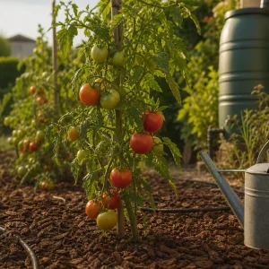 Potager français paillé en pleine canicule avec arrosoir, goutte-à-goutte et récupérateur d'eau de pluie