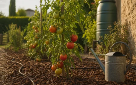 Potager français paillé en pleine canicule avec arrosoir, goutte-à-goutte et récupérateur d'eau de pluie