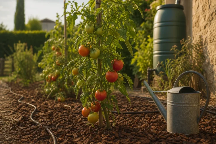 Potager français paillé en pleine canicule avec arrosoir, goutte-à-goutte et récupérateur d'eau de pluie