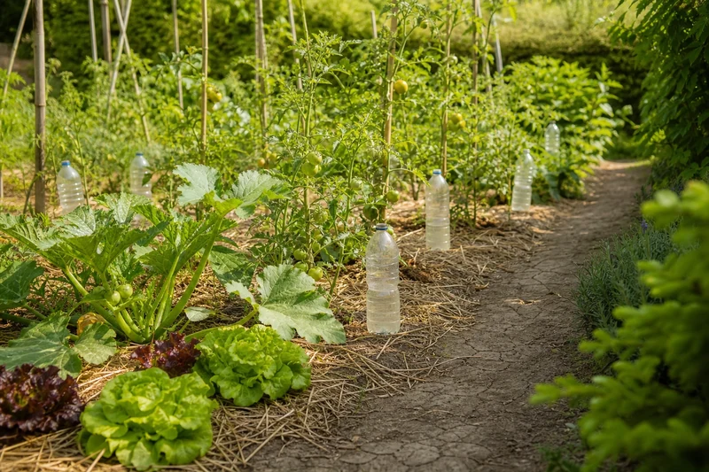 Potager français équipé de bouteilles récup' en arrosage goutte-à-goutte