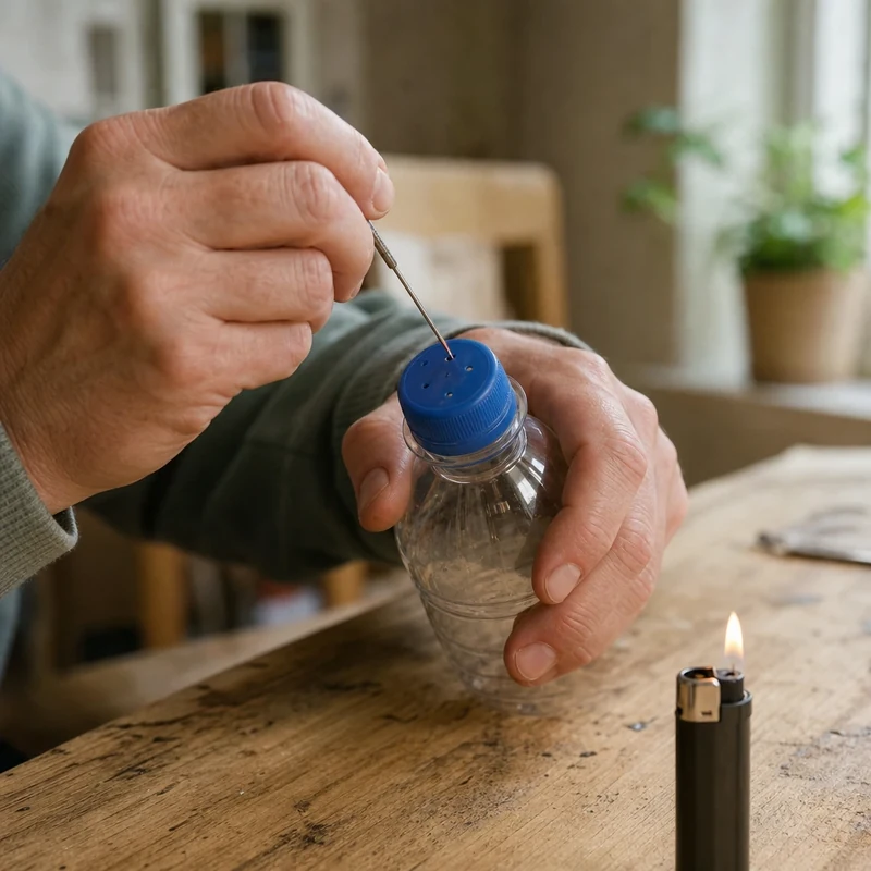 Perçage du bouchon de la bouteille avec une aiguille chauffée à la flamme