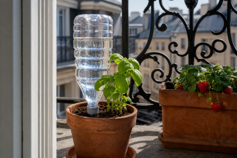 Bouteille goutte-à-goutte installée dans un pot de basilic sur un balcon