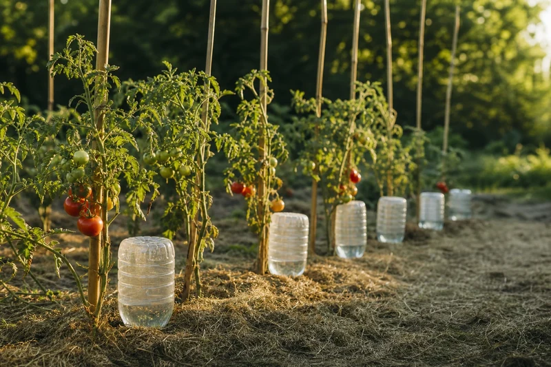 Rang de tomates équipé d'une bouteille en plastique goutte-à-goutte par pied