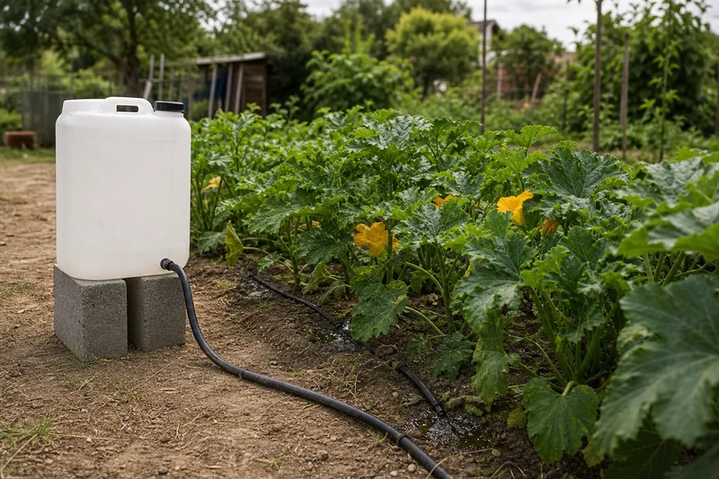 Bidon récupéré en hauteur relié à un tuyau percé pour arroser un massif de courgettes