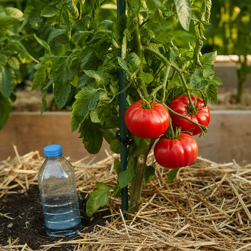 Pied de tomate en pleine forme grâce au goutte-à-goutte bouteille
