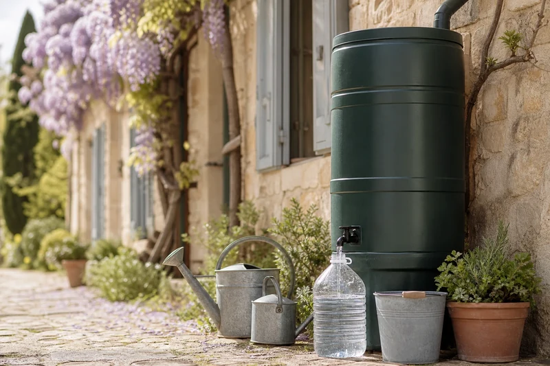Remplissage des bouteilles d'arrosage à partir d'un récupérateur d'eau de pluie