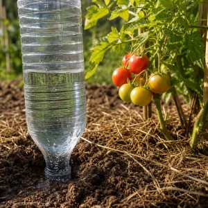 Bouteille en plastique recyclée plantée col vers le bas pour arroser un pied de tomate en goutte-à-goutte