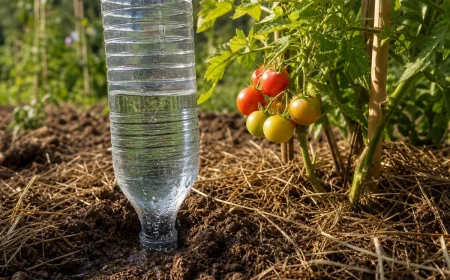Bouteille en plastique recyclée plantée col vers le bas pour arroser un pied de tomate en goutte-à-goutte