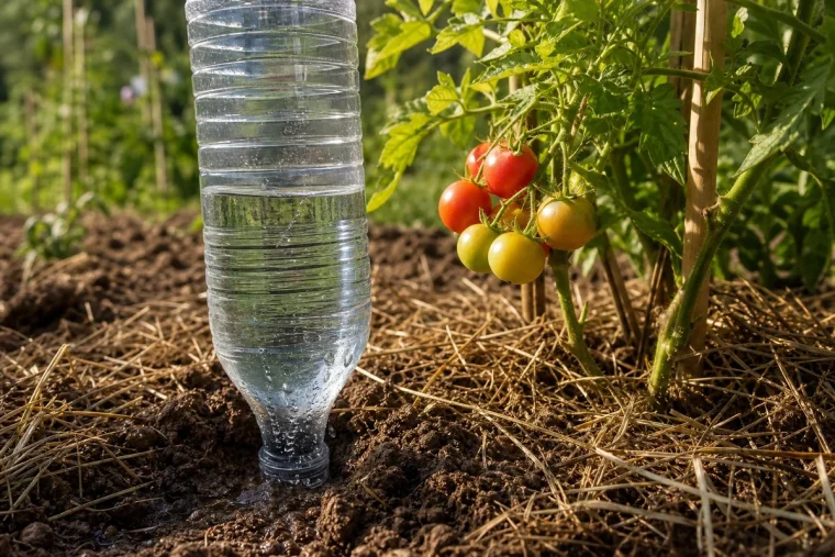 Bouteille en plastique recyclée plantée col vers le bas pour arroser un pied de tomate en goutte-à-goutte