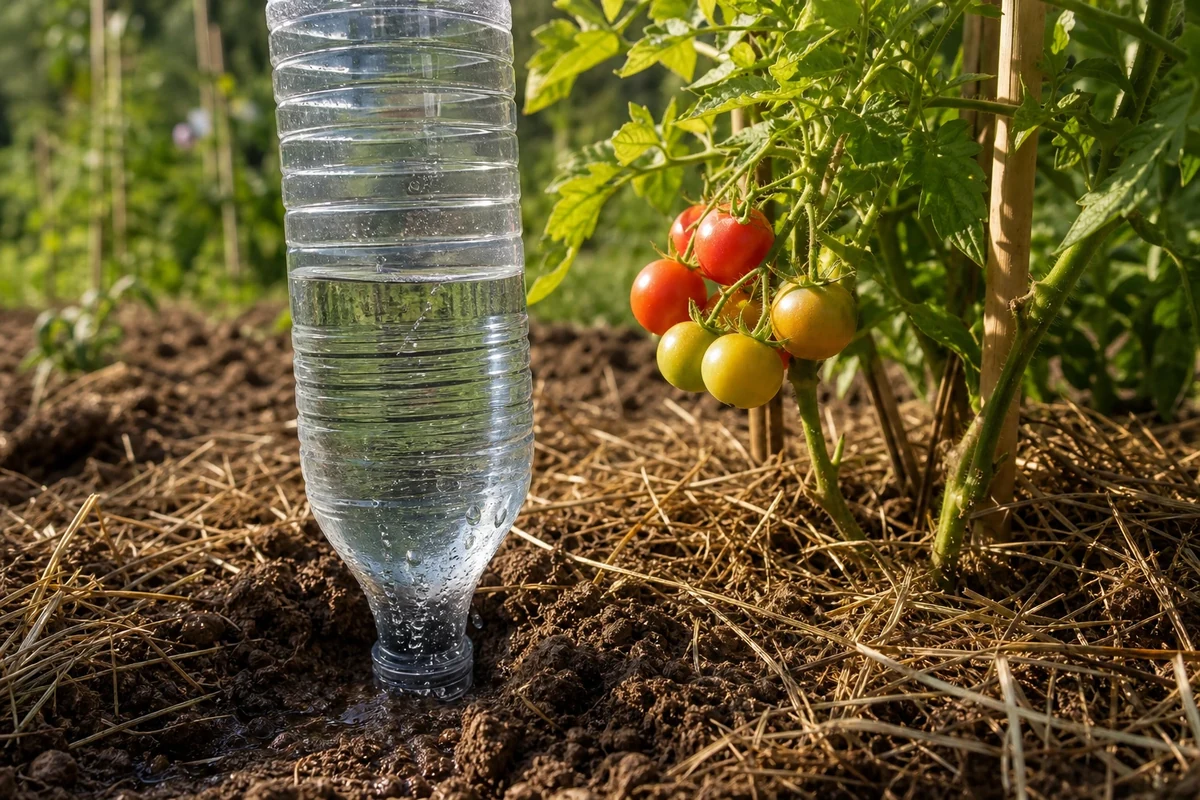 Bouteille en plastique recyclée plantée col vers le bas pour arroser un pied de tomate en goutte-à-goutte