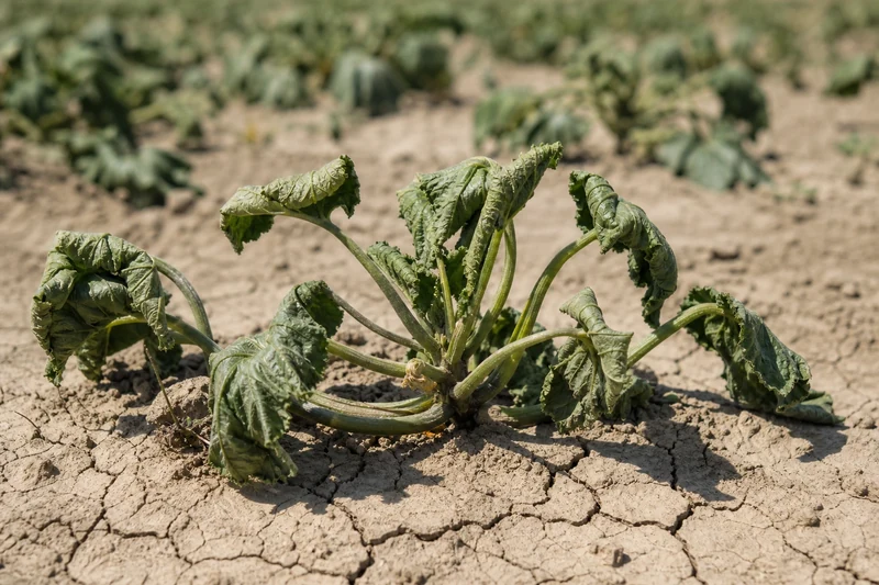 Plant de courgette aux feuilles enroulées et terre craquelée signalant un stress hydrique