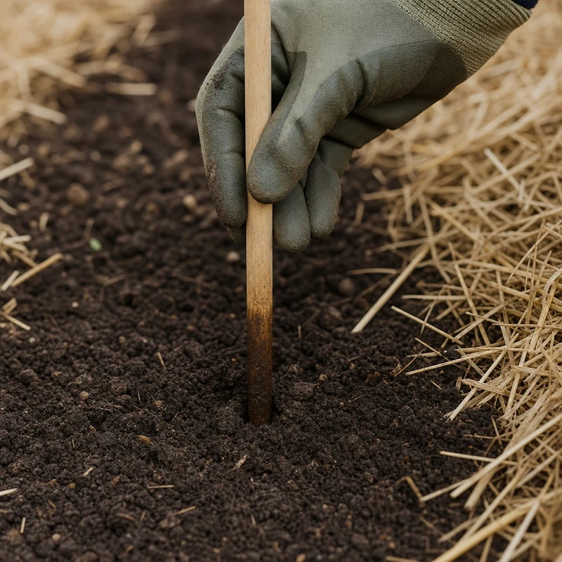 Main vérifiant l'humidité du sol au potager avec un tuteur en bois
