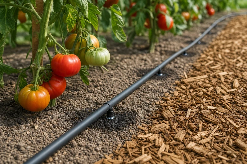Tuyau goutte-à-goutte au pied d'un rang de tomates avec paillage de BRF