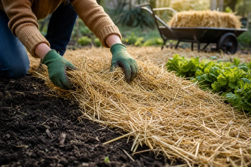 Pose d'un paillage de paille blonde épais autour de pieds de salades dans un carré potager