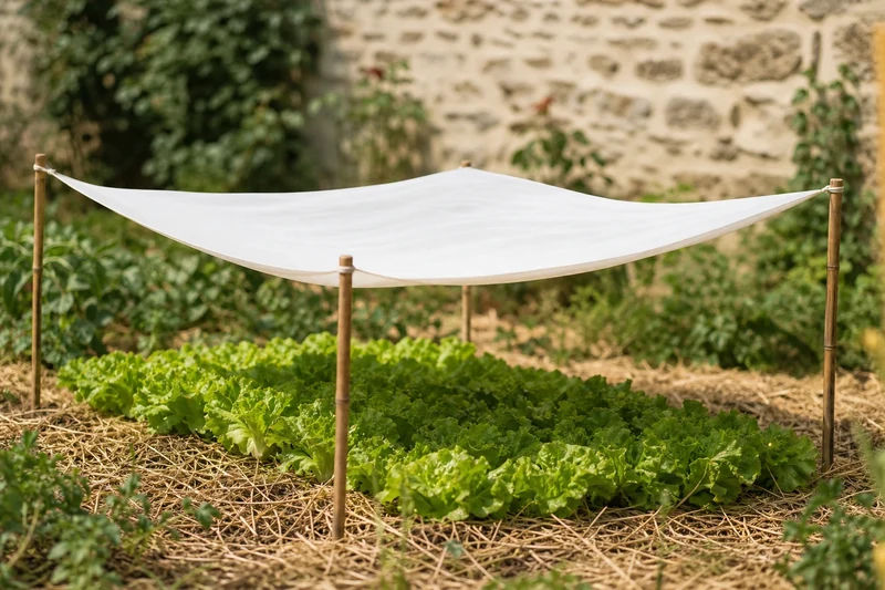 Voile d'ombrage en drap blanc tendu sur quatre piquets au-dessus de jeunes salades
