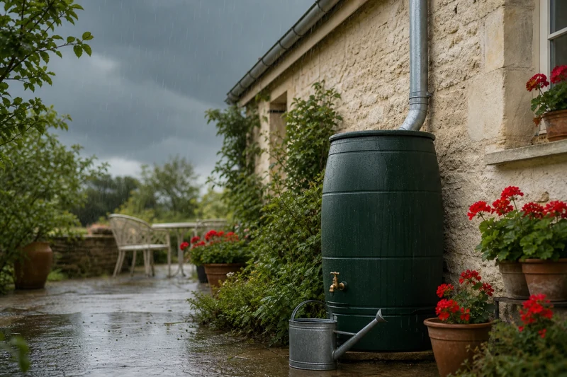 Récupérateur d'eau de pluie vert sous une gouttière, arrosoir en zinc prêt à être rempli