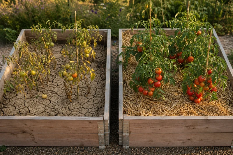 Comparaison de deux carrés de potager après canicule, sans paillage à gauche, avec paillage à droite