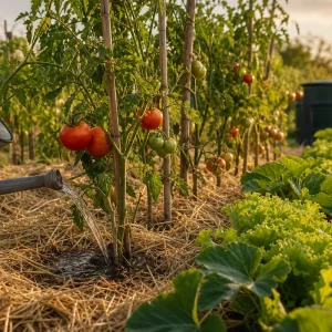 Arrosoir versant de l'eau au pied d'un plant de tomate sur sol paillé, jardin français en canicule
