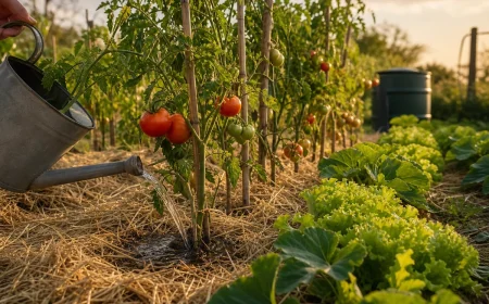 Arrosoir versant de l'eau au pied d'un plant de tomate sur sol paillé, jardin français en canicule