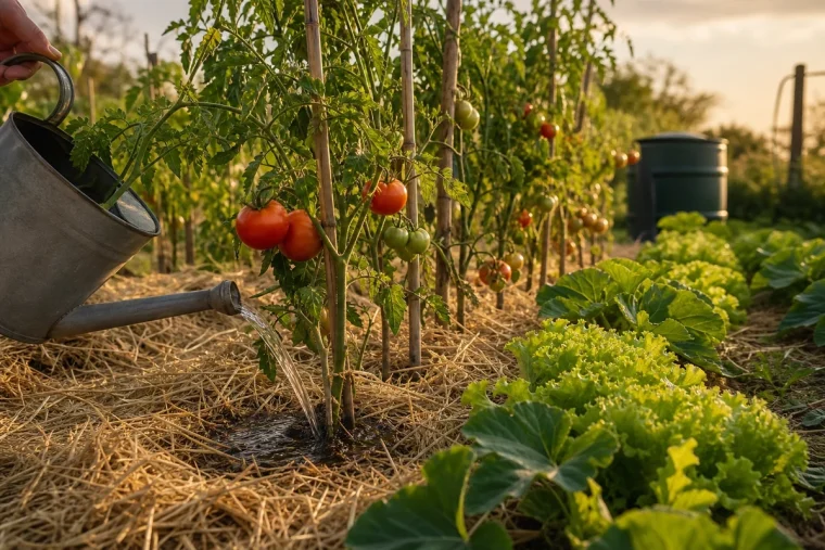 Arrosoir versant de l'eau au pied d'un plant de tomate sur sol paillé, jardin français en canicule